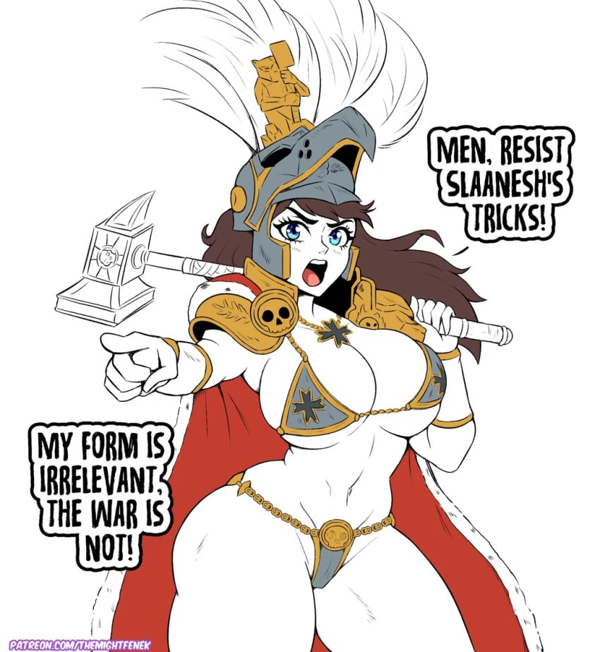 armor armored_bra armored_female armored_panties big_ass big_breasts big_hair blue_eyes brown_hair brunette_hair cape cloak commander curvy dialogue emperor empire empress english_text feathered_helmet feathers fluffy_hair genderswap_(mtf) general hammer helmet impractical_armor impractical_clothing karl_franz long_hair metal_bra metal_panties military necklace plump rule63 rule_63 ruler shoulder_pads skimpy skimpy_armor skimpy_clothes speech_bubble text themightfenek thick thick_thighs visible_bra visible_panties voluptuous warhammer_(franchise) warhammer_(weapon) warhammer_fantasy wide_hips