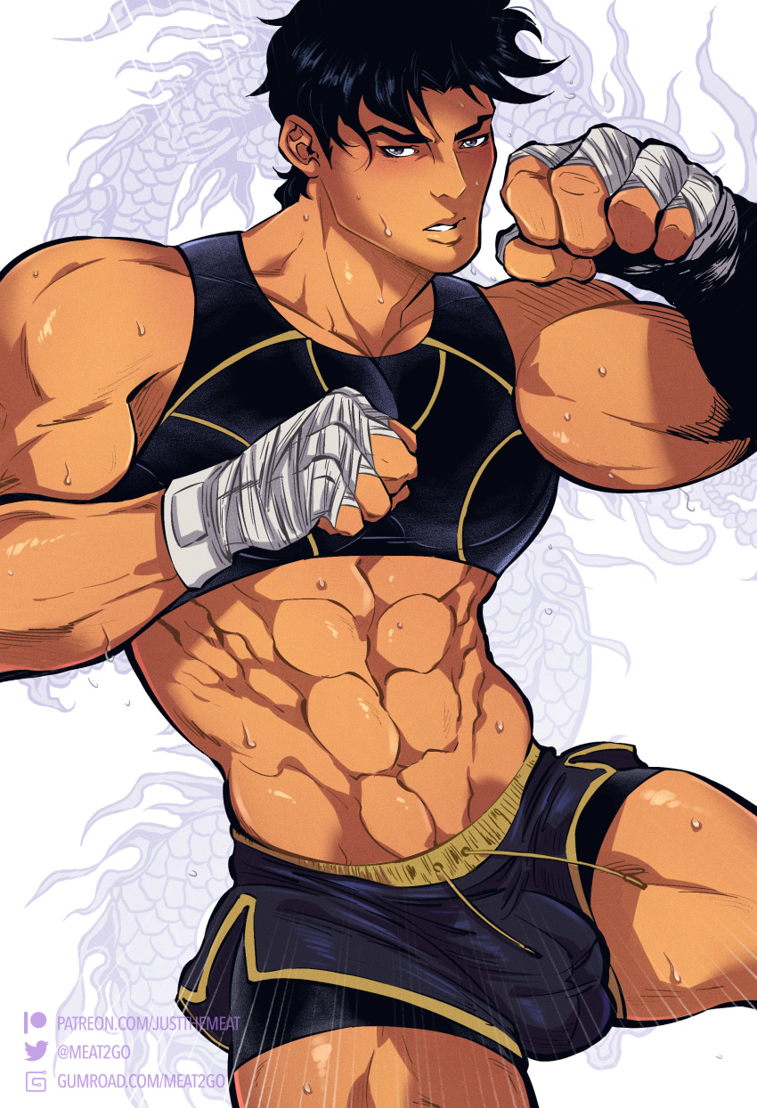 abs bara biceps big_bulge bulge dimensional_soldiers_g justthemeat/meat2go male male_only manly muscular_male pecs penis_outline suyin_(dsg) sweat sweating