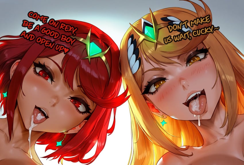 2girls ai_generated aipotions blonde_hair cuckold cuckold_pov cum cum_in_mouth english_text female femdom looking_at_viewer mythra mythra_(xenoblade) netorare ntr open_mouth pyra pyra_(xenoblade) red_hair text xenoblade_(series) xenoblade_chronicles_2