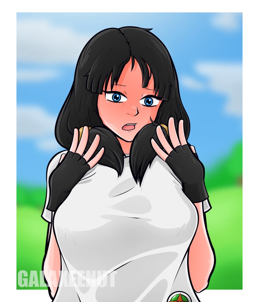 1girls black_hair blue_eyes breasts dragon_ball dragon_ball_super dragon_ball_z embarrassed female female_only fully_clothed galaxee_nut hands_on_breasts hands_on_own_chest looking_at_viewer nipple_piercing nipples offering pigtails request shirt shy twintails videl