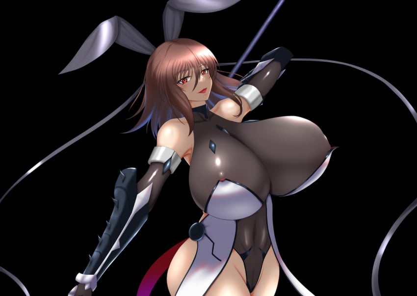 action_taimanin armpits bare_shoulders black_ribbon blush bodysuit breasts brown_hair covered_navel detached_sleeves female gauntlets glaive_(polearm) gloves highleg highleg_leotard holding holding_weapon huge_breasts impossible_bodysuit impossible_clothes impossible_leotard koneruhaiko leotard looking_at_viewer mature_female medium_hair milf mizuki_shiranui mother naginata navel open_mouth polearm red_eyes ribbon skin_tight skindentation smile solo standing succubus taimanin_(series) taimanin_rpgx taimanin_suit taimanin_yukikaze thick_thighs thighhighs thighs thong_leotard turtleneck vambraces weapon