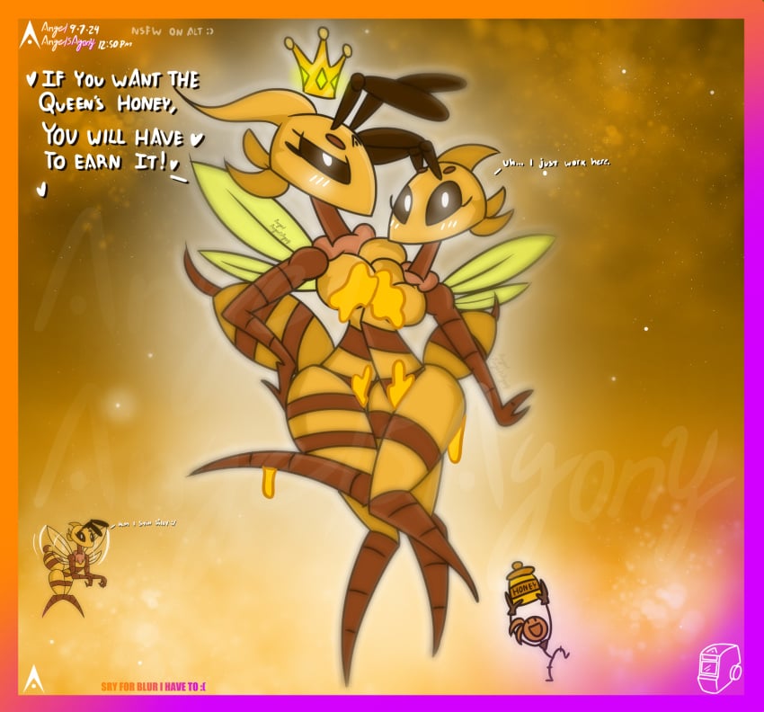 2girls agonywelds antennae anthro ass bee bee_girl big_breasts blush breasts breasts censored femdom glowing_eyes heart honey_bee insects looking_at_viewer queen queen_bee smaller_male stinger stripes taller_female taller_girl text thick_ass thick_thighs wings