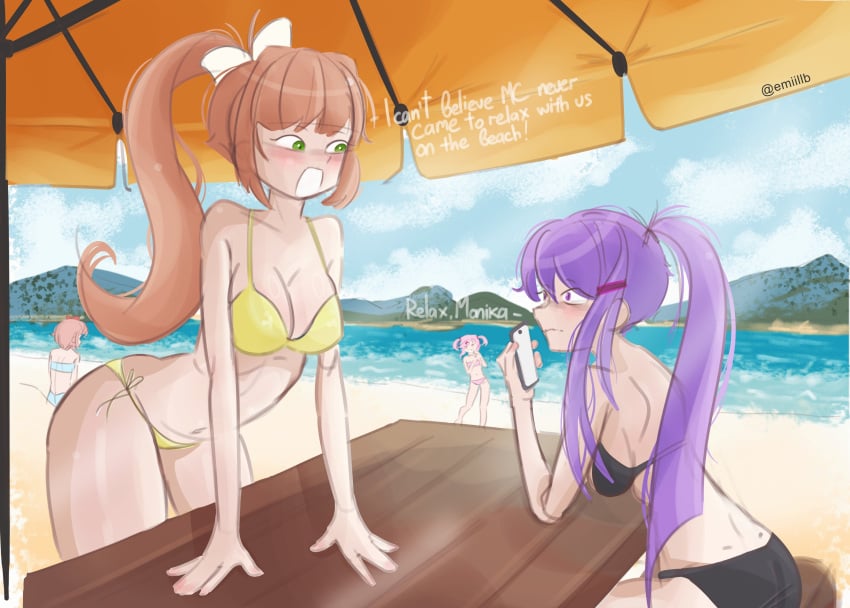 4girls beach bikini bikini_bottom bikini_top black_bikini breasts cleavage doki_doki_literature_club emiillb english_text female female_only green_eyes human long_hair monika_(doki_doki_literature_club) multiple_girls natsuki_(doki_doki_literature_club) phone purple_hair sand sayori_(doki_doki_literature_club) swimwear text white_bow yellow_bikini yellow_bikini_bottom yellow_bikini_top yuri_(doki_doki_literature_club)