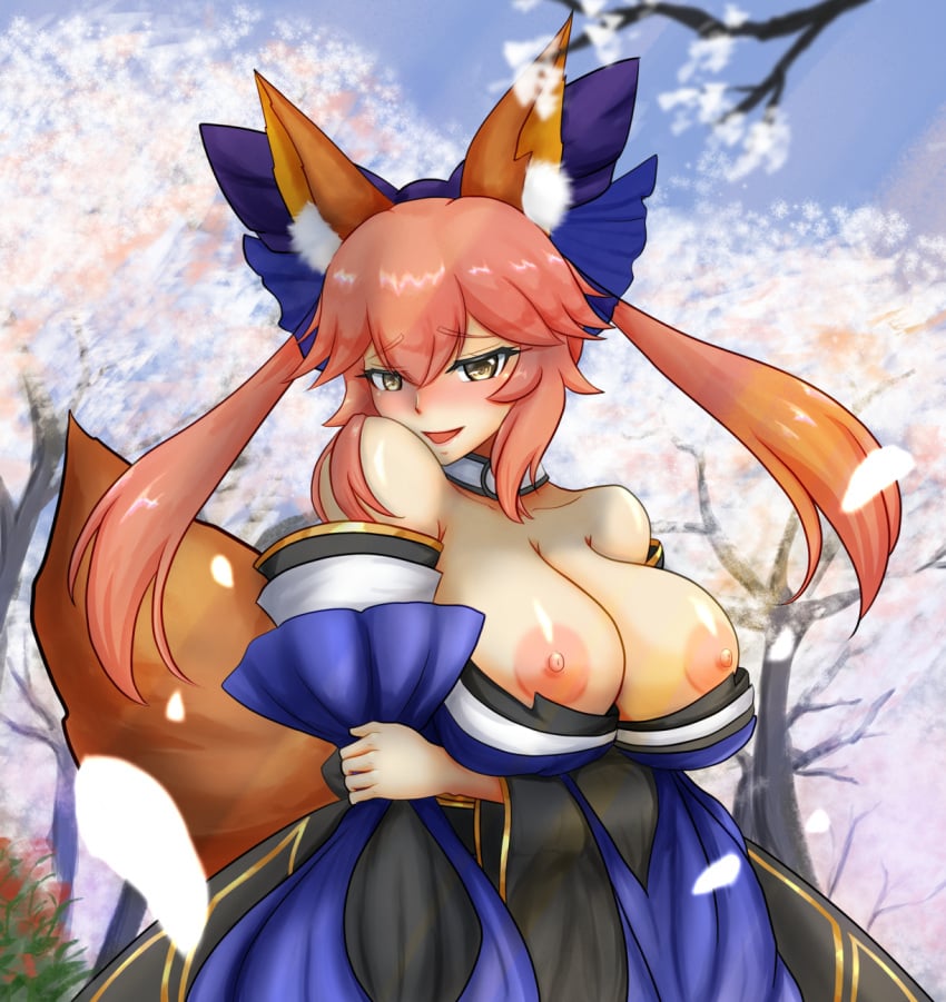 animal_ear_fluff animal_ears bare_shoulders blue_kimono blue_ribbon blush breasts breasts_out collarbone detached_sleeves fate/extella fate/extra fate/extra_ccc fate/grand_order fate_(series) female flower fox_ears fox_girl fox_tail hair_ribbon highres japanese_clothes kimono koneruhaiko large_breasts looking_at_viewer nature nipples open_mouth outdoors pink_hair ribbon sky solo tail tamamo_(fate) tamamo_no_mae_(fate/extra) tree yellow_eyes