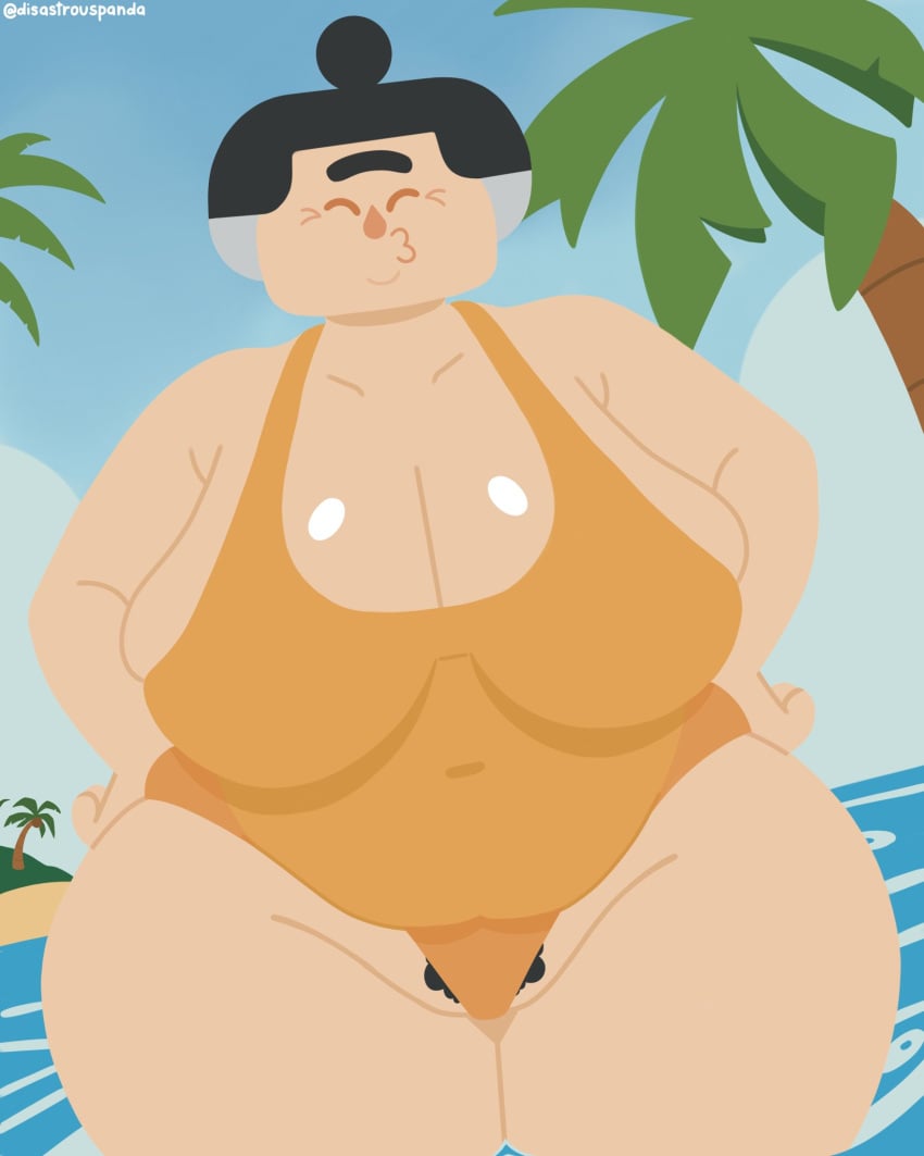 2024 artist_name bbw beach black_hair breasts closed_eyes digital_drawing_(artwork) disastrouspanda duolingo fat fat_arms gilf granny grey_hair hairbun hands_on_hips huge_breasts lucy_(duolingo) palm_tree palm_trees plump pubes pubic_hair sea standing_in_water swimsuit thick_thighs two-tone_hair water wide_hips