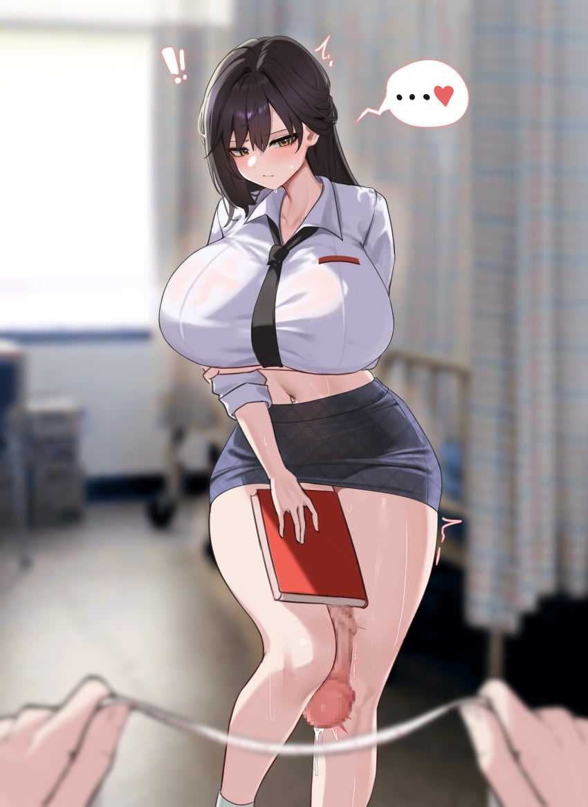 ! !! ... absurdres arm_under_breasts black_hair black_necktie black_skirt blurry blurry_background book breasts censored closed_mouth collared_shirt cropped_shirt feet_out_of_frame female futanari goddess_of_victory:_nikke hair_between_eyes highres holding holding_book huge_breasts huge_cock indoors long_hair long_sleeves marciana_(nikke) marciana_(school_days)_(nikke) mosaic_censoring navel necktie penis pov pov_hands shirt simsim_han-u skirt solo_focus speech_bubble spoken_ellipsis standing tape_measure white_shirt yellow_eyes