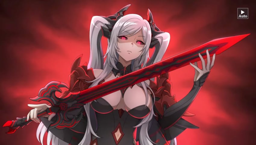 alexia_midgar black_eyes corruption demon_girl dress highres kage_no_jitsuryokusha_ni_naritakute! princess red_eyes sword the_eminence_in_shadow weapon