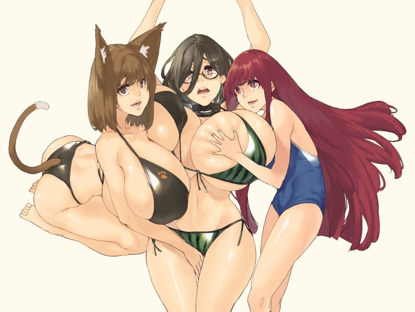 3girls catgirl haruka_(muneneko) massive_breasts muneneko suika_(muneneko)