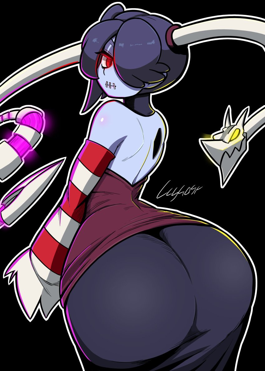 ass ass_focus big_ass blue_hair blue_skin bottom_heavy facing_away from_behind glowing_eyes huge_ass lughost red_eyes skullgirls squigly tight_clothes tight_clothing tight_dress voluptuous wide_hips zombie zombie_girl