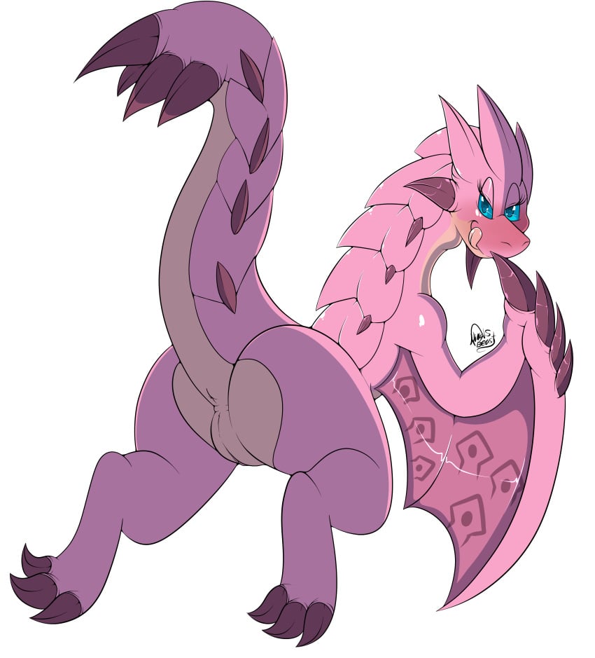 2015 absurd_res anus ass blue_eyes blue_sclera blush capcom digital_media_(artwork) dragon female feral flying_wyvern hi_res kingbeast licking licking_lips long_neck looking_at_viewer looking_back membranous_wings monster_hunter pink_rathian pink_scales presenting presenting_hindquarters pussy raised_tail rathian scales scalie semi-anthro simple_background solo tongue tongue_out video_games white_background winged_arms wings wyvern