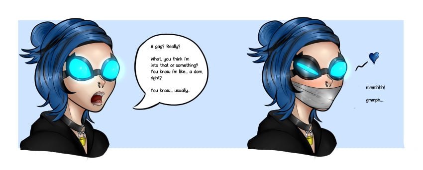 ascruffymuffin blue_hair collar english_text female femsub fully_clothed glowing_eyes heart_symbol lock nose_piercing open_mouth padlock piercing png secretly_loves_it septum_piercing simple_background speech_bubble tape tape_gag text