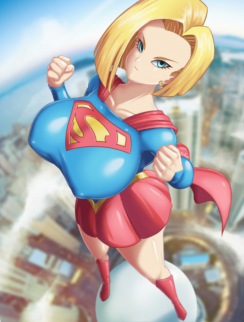 1girls android_18 big_breasts blonde_female blonde_hair blonde_hair_female blue_eyes breasts city clothed clothed_female dc_comics dragon_ball dragon_ball_z earring female female_focus female_only fenrox flying light-skinned_female light_skin looking_at_viewer solo solo_female solo_focus supergirl supergirl_(cosplay)