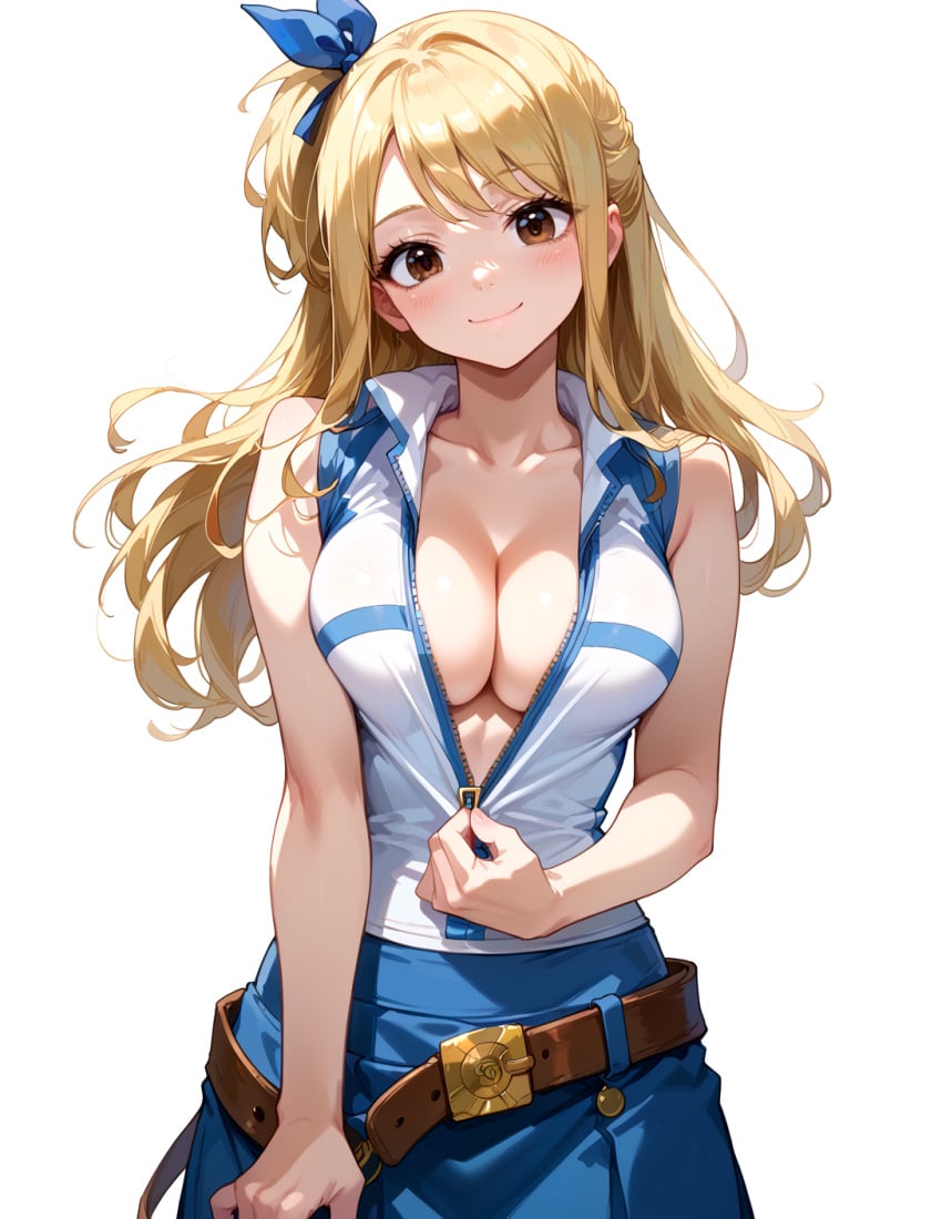 1girls ai_generated blonde_hair blush brown_eyes cleavage cute cute_face fairy_tail hair_ribbon long_hair looking_at_viewer lucy_heartfilia smile smiling_at_viewer undressing zipper_down