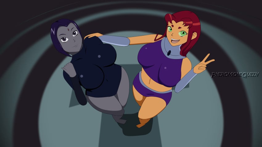 2018 2girls big_breasts breasts contrast dc dc_comics female female_focus female_only heroine koriand'r long_hair looking_at_viewer multiple_females multiple_girls pheromonequeen rachel_roth raven_(dc) short_hair smile smiling smiling_at_viewer starfire superheroine teen_titans thick_thighs thighs