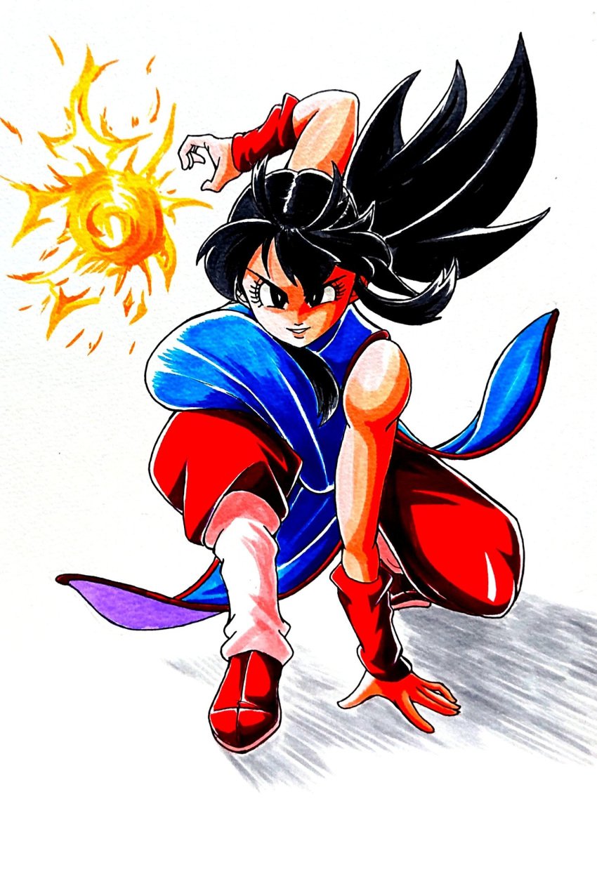 1girls area5169458561 big_breasts breasts chichi dragon_ball dragon_ball_z dynamic_pose female fire fully_clothed kneeling large_breasts