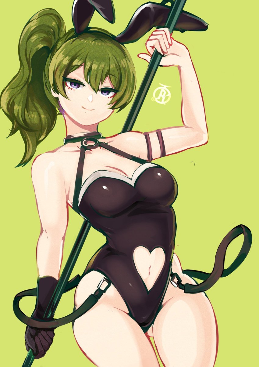 1girls alternate_costume ass_visible_through_thighs bare_arms bare_midriff bare_shoulders bare_thighs blue_eyes breasts bunny_ears bunny_girl bunnysuit cleavage collarbone cutout female female_only green_background green_hair heart heart_cutout leotard looking_at_viewer medium_breasts medium_hair midriff navel o-ring ponytail revolverwingstudios shoulders side_ponytail smile solo sousou_no_frieren spear thighs ubel_(sousou_no_frieren) weapon