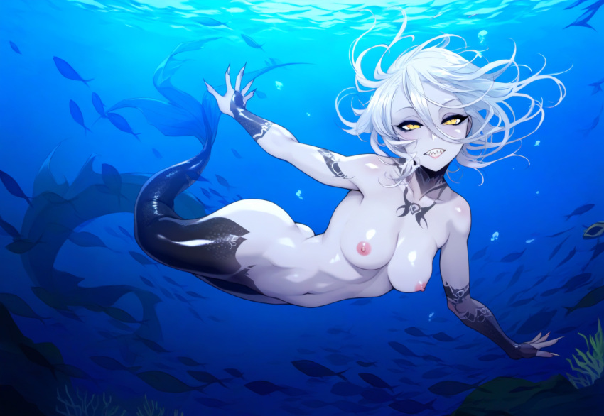 1girls ai_generated bare_arms bare_breasts bare_midriff bare_shoulders bare_thighs breasts eyelashes feet feet_up fish full_body legs legs_up looking_at_viewer medium_hair merfolk mermaid mermaid_girl mermaid_tail monster monster_girl naked naked_female nipples nude nude_female original original_character pussy scales sea sharp_claws sharp_fingernails sharp_teeth shiny_skin swimming tattoo tattoos thighs underwater white_hair white_skin yellow_eyes yeyehuh