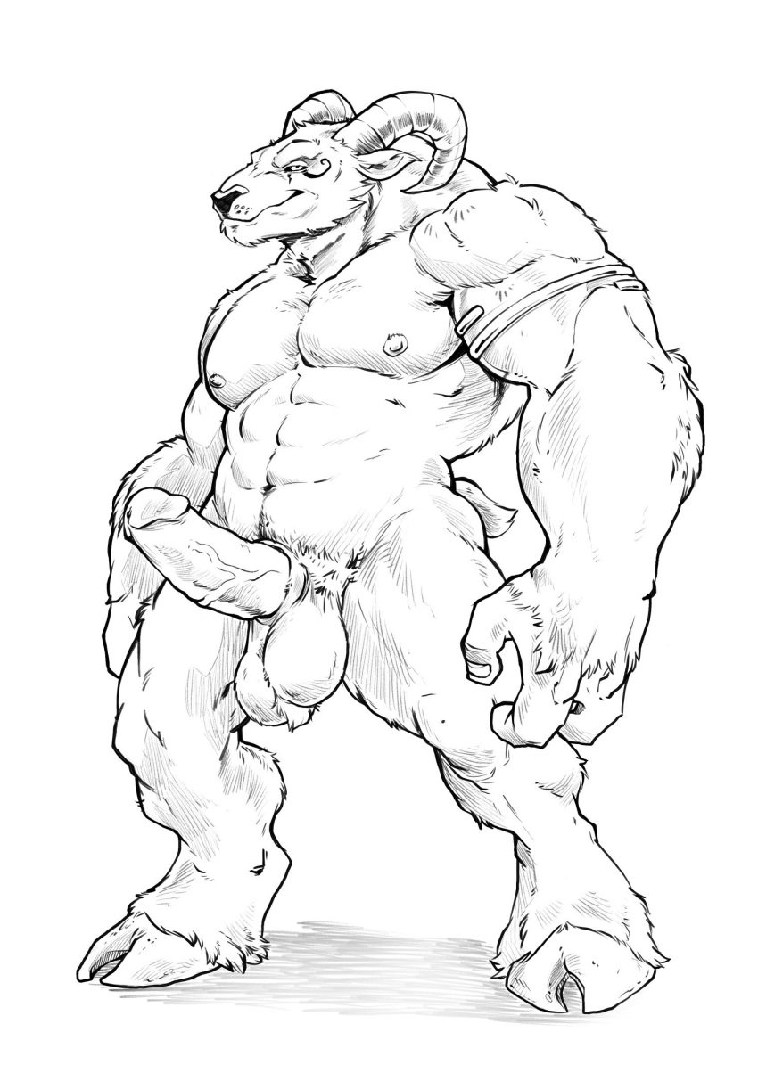 2018 3_fingers abs anthro back_muscles badcoyote ball_tuft balls biceps big_arms big_balls big_muscles big_penis black_and_white black_sclera caprine erection eye_matkings facial_markings front_view fur hair hooves horn huge_muscles humanoid_penis looking_at_viewer male male_only mammal markings monochrome muscular muscular_male nipples pecs penis pinup pose presenting presenting_penis pubic quads simple_background smile solo standing triceps vein veiny_penis