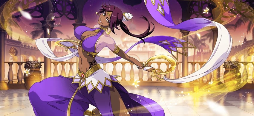 1girls amber_eyes arabian_clothes belly_dancer belly_dancer_outfit bleach cleavage dancer dancer_outfit dark-skinned_female harem_girl harem_outfit huge_breasts long_hair looking_at_viewer official_art purple_hair shihouin_yoruichi voluptuous