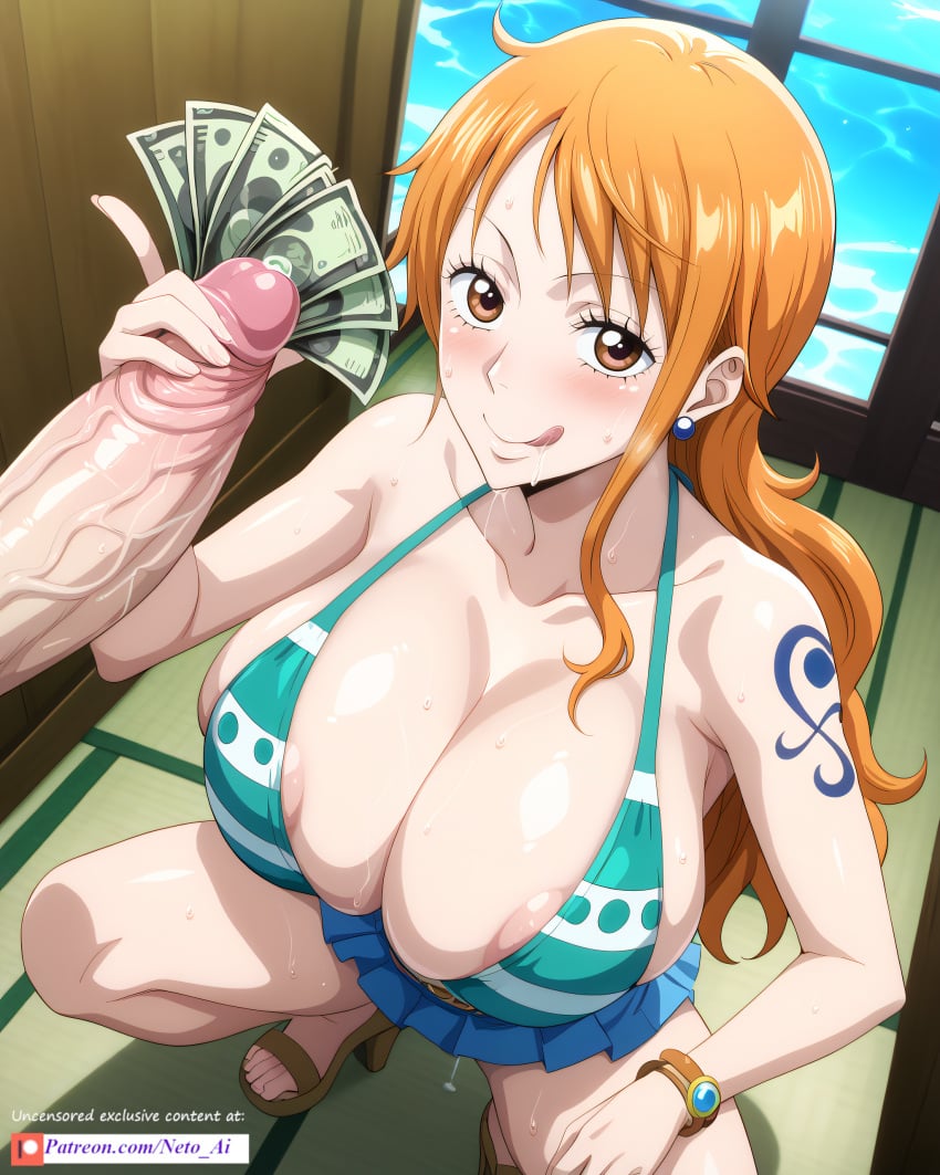 ai_generated female grabbing_penis looking_at_viewer male money nami nami_(one_piece) neto_ai one_piece prostitution squatting tagme