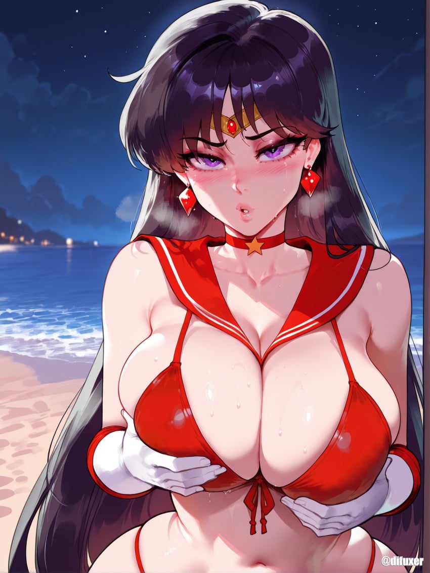 1girls ai_generated beach bikini bishoujo_senshi_sailor_moon blonde_hair blush breasts difuxer female female_focus female_only huge_breasts large_breasts light-skinned_female light_skin looking_at_viewer navel night sailor_collar sailor_mars solo thick_thighs wide_hips