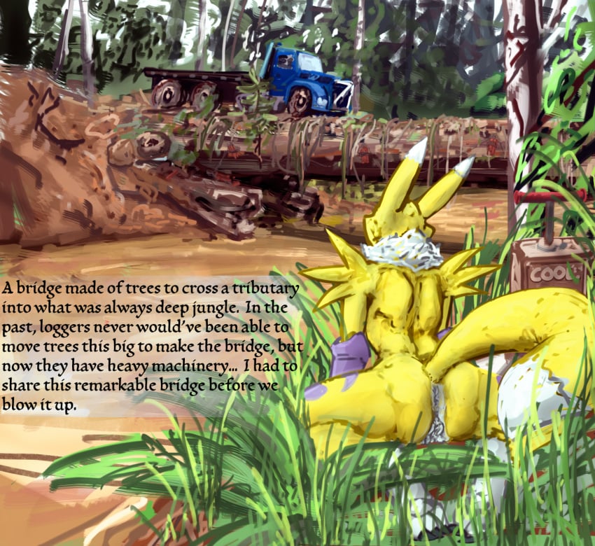 amazon amazon_river anthro anus bandai_namco canid canine cool. digimon digimon_(species) english_text female forest fox genitals hi_res jungle mammal nude outside plant presenting presenting_pussy pussy renamon solo solo_focus text tree truck