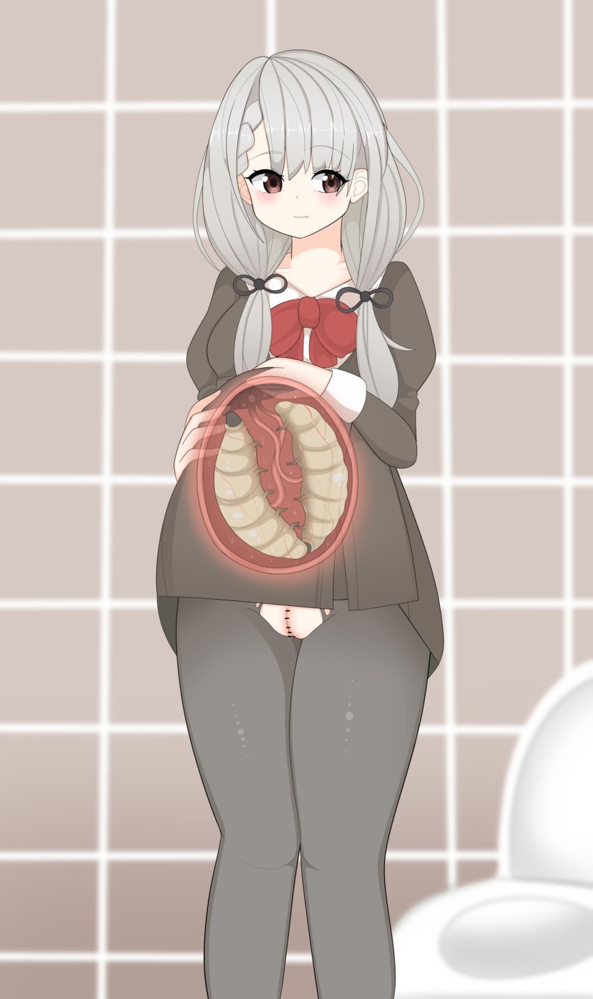 1girls black_legwear black_shirt black_skirt blush censored clothing cross_section domaniax exposed_pussy female grey_hair hisakawa_nagi human_mother_baby_insect idolmaster idolmaster_cinderella_girls interspecies interspecies_pregnancy larva legs_together long_hair pregnant pussy school_uniform schoolgirl shirt skirt smile standing torn_clothes umbilical_cord uterus wide_hips x-ray