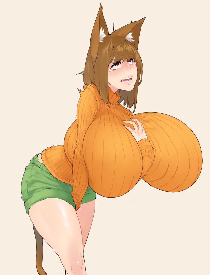 1girls brown_hair cat_ears cat_tail catgirl female gigantic_breasts haruka_(muneneko) holding_breasts light-skinned_female solo standing sweater tearing_up