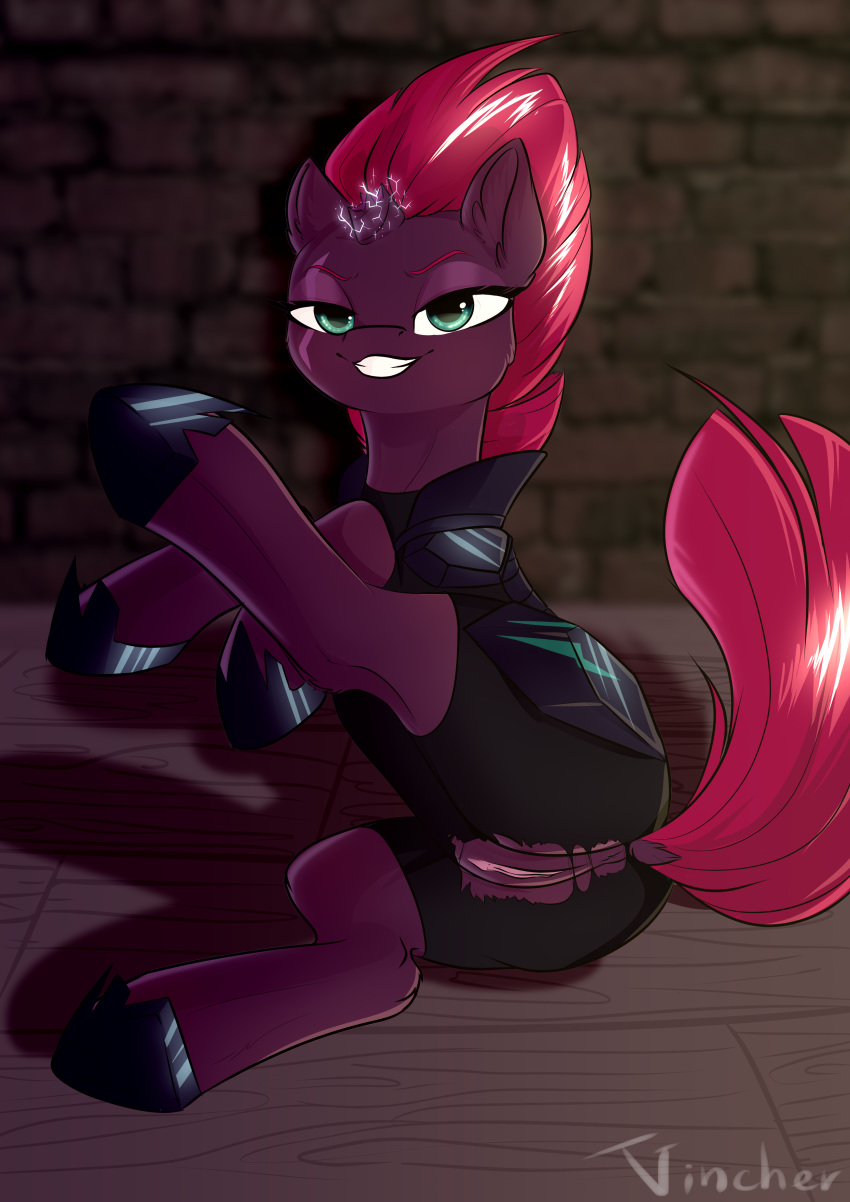 2017 3d absurd_res broken_horn clothed clothing dock equine female feral friendship_is_magic grin hair hi_res horn looking_at_viewer mammal my_little_pony my_little_pony:_the_movie_(2017) my_little_pony_the_movie pussy smile solo tempest_shadow_(mlp) torn_clothing unicorn vincher