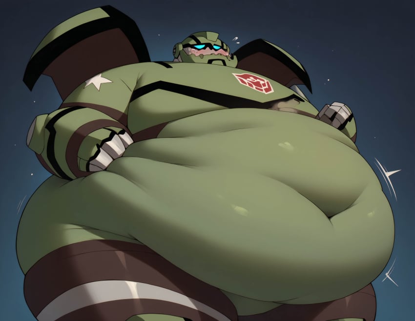 ai_generated autobot blue_eyes blush bulkhead busty_boy cybertronian embarrassed fuckable_gut hasbro huge_belly male male_only matronai_(artist) navel obese_male robot shiny_ass sweat thick_ass thick_thighs transformers transformers_animated wide_hips