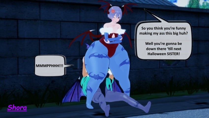 2girls angry arms_crossed ass ass_in_face big_ass bubble_butt darkstalkers dumptruck_ass facesitting female female_only flat_chest huge_ass incest large_ass lilith_aensland morrigan_aensland prank shora_gasniffa sisters succubi succubus thick_thighs thunder_thighs wide_hips wings