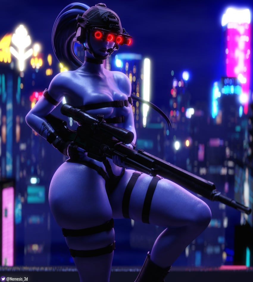 1girls 3d absurd_res belts blizzard_entertainment blurry_background boots bottom_heavy breast_squish breasts choker collarbone cowboy_shot female female_only gun hi_res highres holding_object long_hair looking_at_viewer nemesis_3d night night_vision_goggles one_leg_up outdoors overwatch overwatch_2 png ponytail purple_hair purple_lipstick purple_skin self_upload solo solo_female standing tactical_gear thick_thighs thigh_squish thigh_strap thighs widowmaker