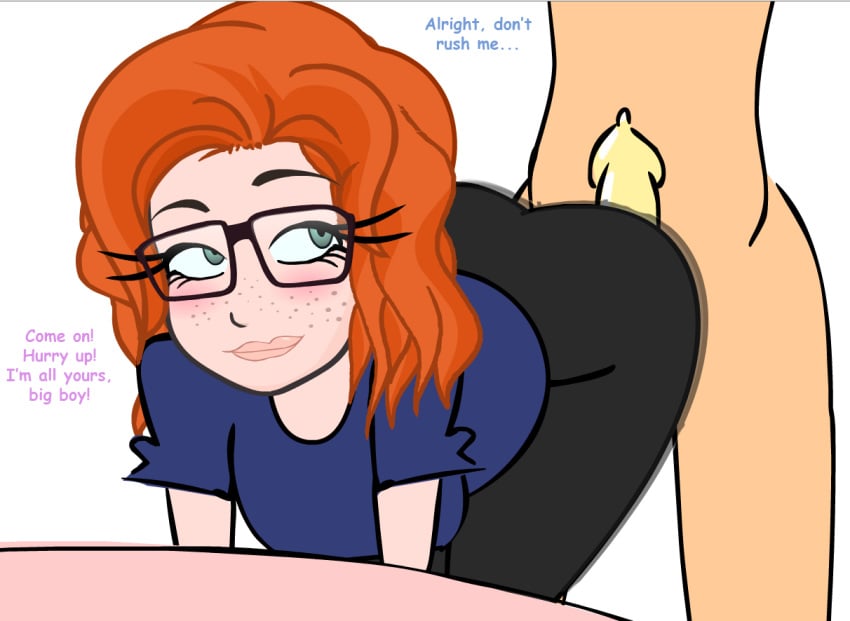 artist_self-insert condom edit ginger_hair glasses green_eyes jess_(peachypop34) minus8 original peachypop34 penis sexualpanda shaking_butt text