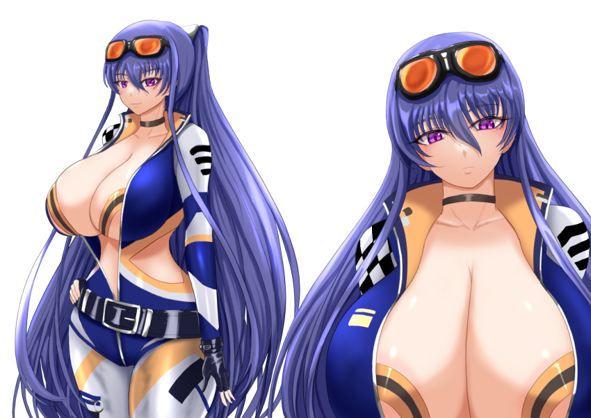 action_taimanin akiyama_rinko blue_hair breasts checkered_flag cleavage female flag huge_breasts koneruhaiko long_hair looking_at_viewer official_alternate_costume purple_eyes race_queen smile solo taimanin_(series) taimanin_yukikaze very_long_hair