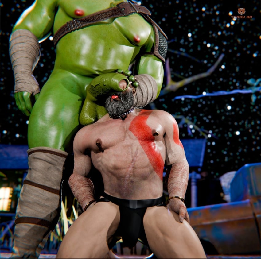 bald bara daddy dilf gay god_of_war green_skin head_grab jockstrap jockstrap_only kneeling kneeling_on_ground kneeling_oral_position kratos licking licking_penis male male/male male_only mature_male monster_cock muscular muscular_male orc orc_dom orc_male orc_on_human txddy3d white_skin