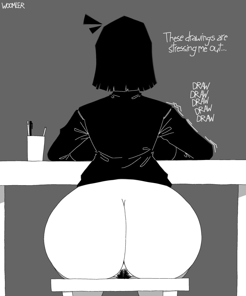 1girls artist_name ass ass_focus big_ass bottomless bubble_butt drawer english_text fem_woomler female huge_ass pubic_hair pussy short_hair sitting sitting_on_chair solo text woomler