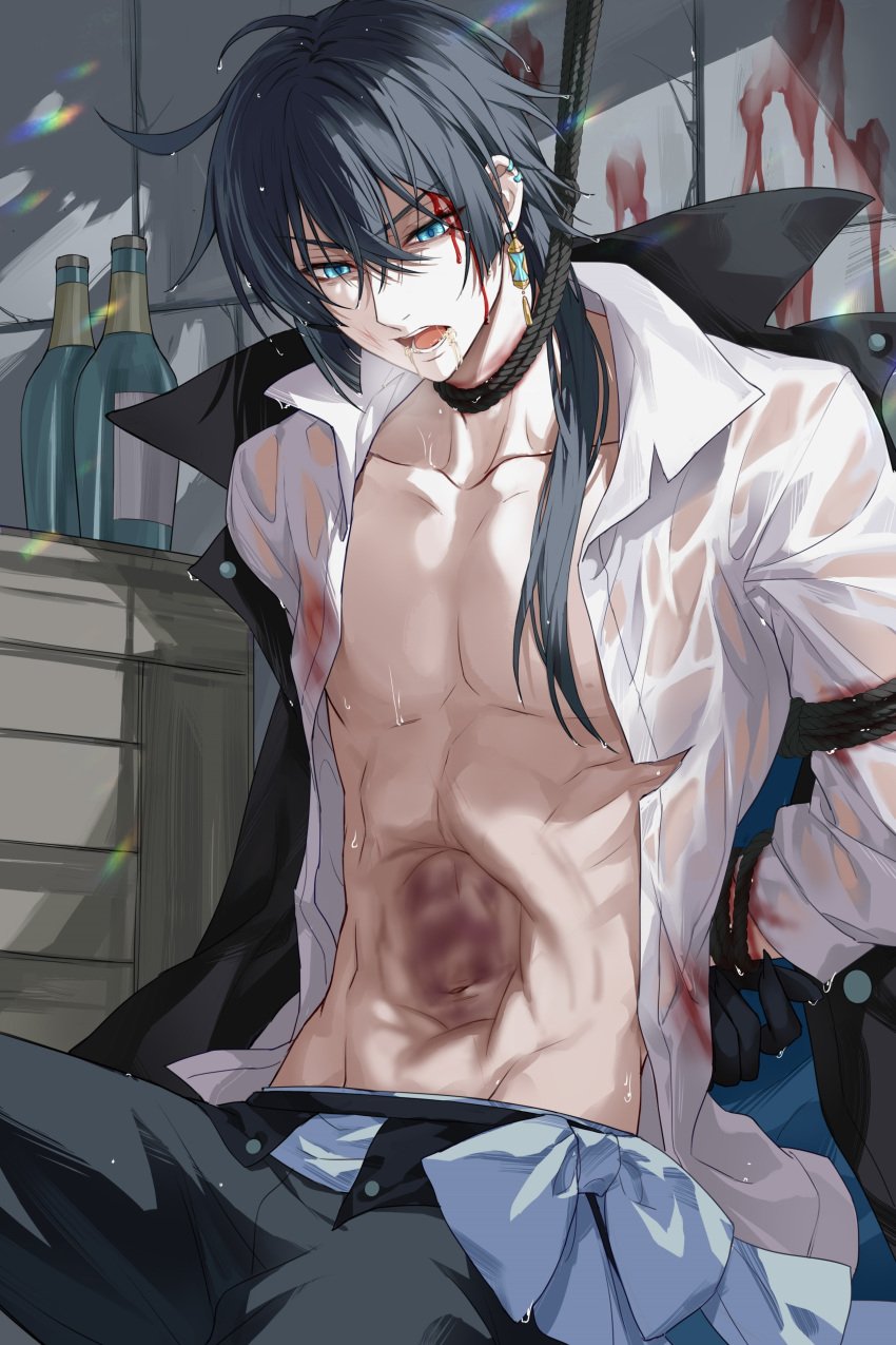 1boy abs after_punch beaten black_hair bleeding blood blood_on_face blue_eyes bondage bottle bound bruise bruise_on_stomach bruised bruised_stomach devil_heavens earrings empty_eyes guro injury long_hair male male_only male_ryona navel noose open_clothes open_mouth open_shirt pain pectorals punched reverse_ryona rope ryona shaded_face shirt solo solo_male stomach stomach_indent stomach_injury tagme toned toned_male vanitas_(vanitas_no_carte) vanitas_no_carte vomit wet