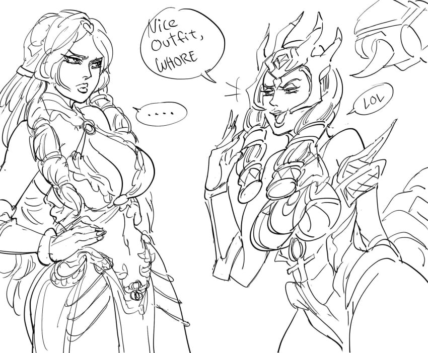 1futa 2girls african_mythology alternate_costume aphrodite aphrodite_(smite) bb_(baalbuddy) big_breasts deity desert_queen_serqet dialogue egyptian_mythology european_mythology female female_only goddess greek_mythology hi-rez_studios middle_eastern_mythology mythology public_domain serqet_(smite) sketch smite