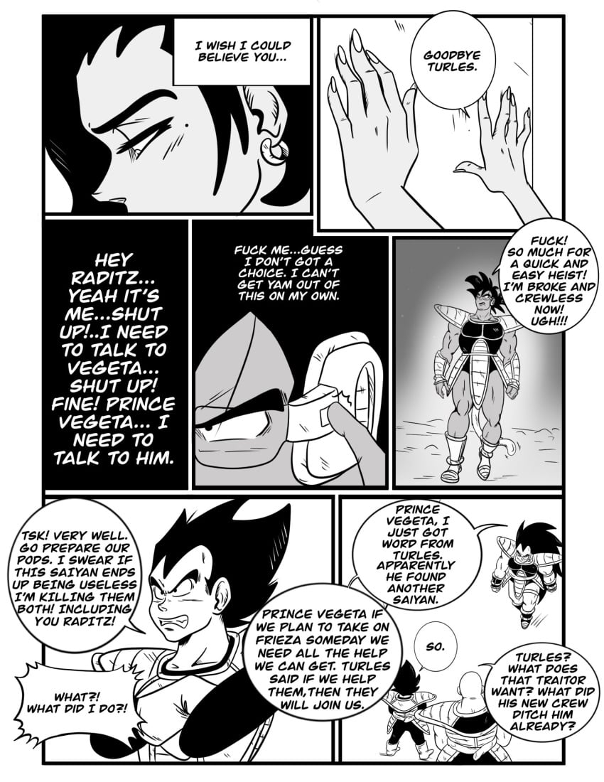 black_and_white comic comic_page crossdressing dialogue dragon_ball dragon_ball_z femboy feminine_male male_only nappa original_character raditz scouter speech_bubble turles ukevegeta13 vegeta yam_(ukevegeta13)