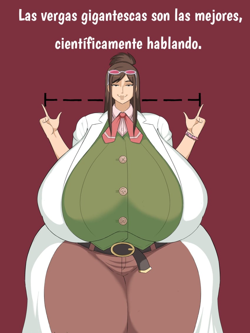 brown_hair drawthedraw ema_skye female gigantic_breasts gigantic_thighs glasses glasses_on_head gyakuten_saiban hyper hyper_breasts labcoat ponytail size_queen smile smug spanish_text twitter_link vest wide_hips