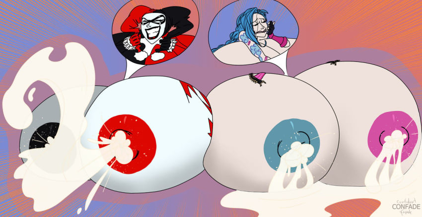 2girls batman_(series) big_breasts breast_expansion breasts confade crossover dc dc_comics enormous_breasts female female_only harley_quinn huge_breasts hyper_breasts jinx_(league_of_legends) lactation league_of_legends