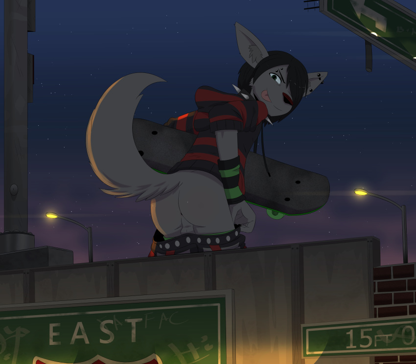 anthro ass backsack balls black_hair canine clothing collar gay gothbunnyboy hair hoodie ketzio male male_only mammal mooning outside piercing public skateboard skater solo spike_collar standing teenager tongue tongue_out yaoi young