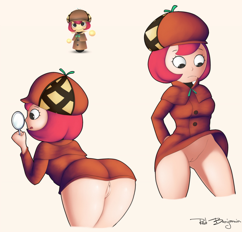 ass bent_over black_eyes breasts brown_coat brown_hat female from_behind hat iris_archwell leaning_forward legs_apart long_sleeves looking_down magnifying_glass medium_breasts mii monster_manor multiple_views nintendo no_panties pink_hair pussy redbenjamin short_hair signature simple_background smile solo standing streetpass_mii_plaza text tongue tongue_out uncensored white_background