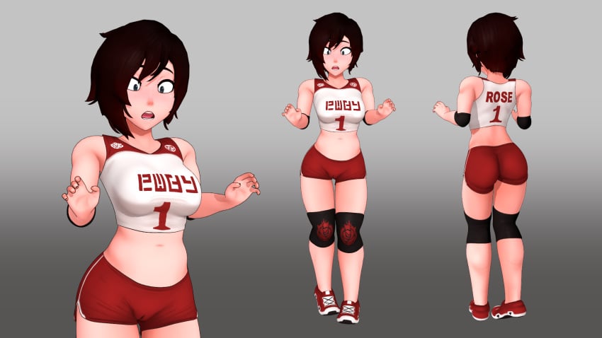 1girls 3d cameltoe female female_only gym_uniform jlullaby no_bra no_panties ruby_rose ruby_rose_(skuddbutt) rwby short_hair shorts skuddbutt solo standing thigh_gap tight_clothes