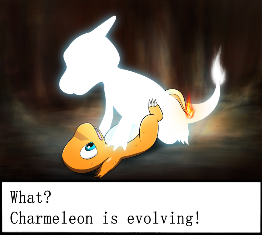 2013 alternate_version_available blue_eyes charmander charmeleon dancingchar den duo english_text evolution female fire flaming_tail male nintendo orange_skin pokémon_(species) pokemon reptile scalie shocked straight text video_games