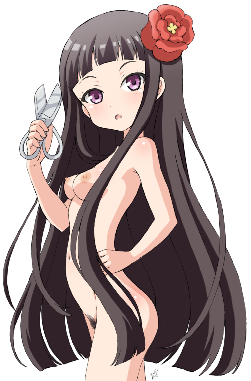 black_hair female girlfriend_(kari) looking_at_viewer nude scissors shiranui_isuzu vzmk2