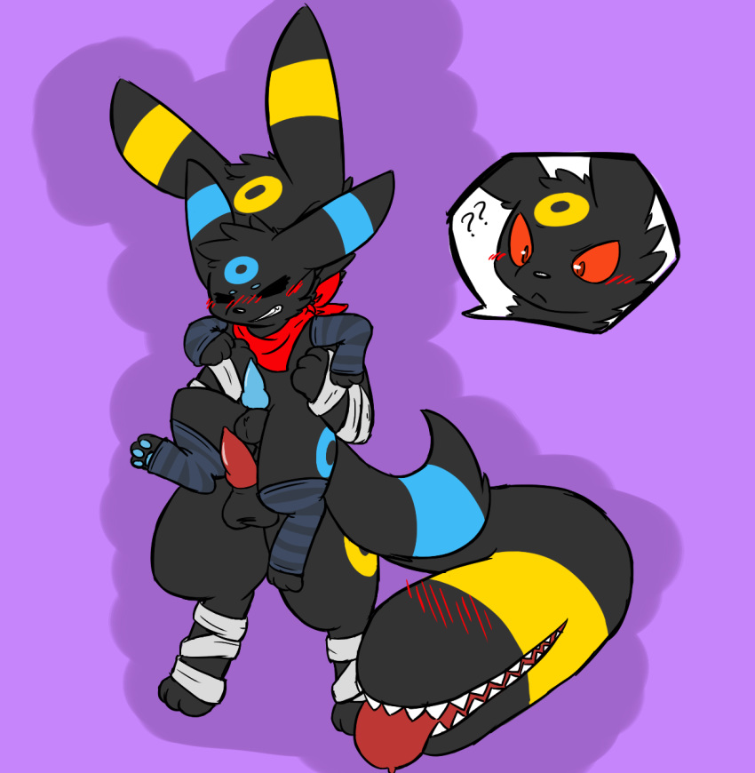 ? balls bargglesnatch-x1 blush closed_eyes clothing eeveelution erection feral legwear male neckerchief nintendo pawpads pokémon_(species) pokemon pokemon_(species) red_eyes red_sclera shiny_pokemon simple_background stockings umbreon video_games yaoi