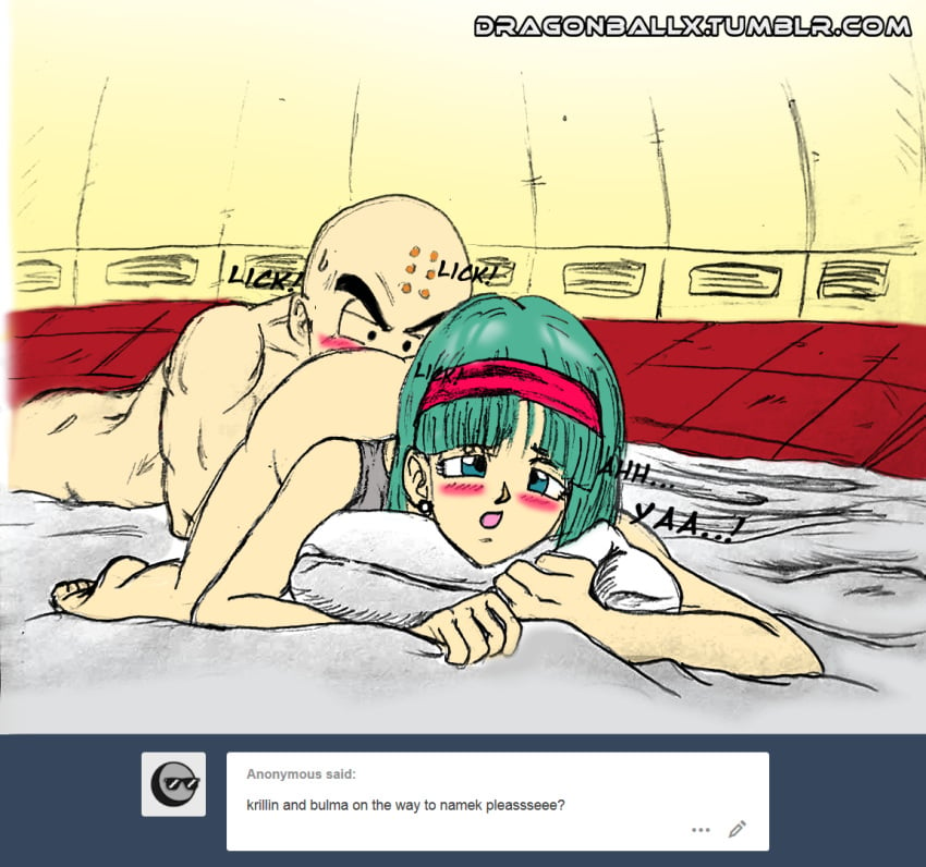 all_fours ass ass_grab bent_over blue_hair blush bulma_briefs bulma_briefs_(frieza_saga) curvy dragon_ball dragon_ball_z dragonballx female floor from_behind grabbing green_hair krillin kuririn lying on_floor oral oral_sex space spaceship straight thighs tumblr