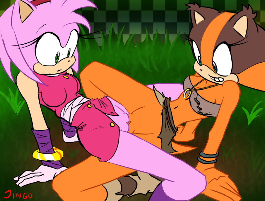 2016 amy_rose amy_rose_(boom) anthro badger bottomless breasts captainjingo clitoris clothed clothing duo female hedgehog hi_res mammal mustelid pussy sex shoes sonic_(series) sonic_boom sticks_the_badger tribadism yuri