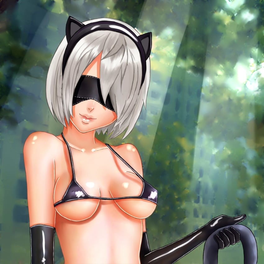 animal_ears bra breasts cleavage female female_only looking_at_viewer nier nier:_automata pinkkitty solo yorha_2b